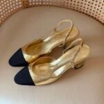 Chanel Gold/Black Leather and canvas CC Slingback sandal