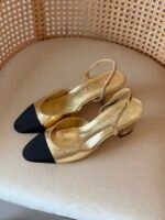 Chanel Gold/Black Leather and canvas CC Slingback sandal