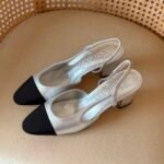 Chanel Silver And Black Fabric Cap Toe Slingback sandal