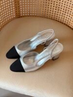 Chanel Silver And Black Fabric Cap Toe Slingback sandal