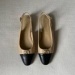 Chanel beige & black slingback flats