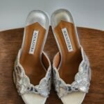 Aquazurra Ce Soir 75 mules "Silver Leather with Crystal Embellishments"