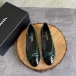 Channel Crocodile Embossed Patent Ballet Flats "Dark Green"