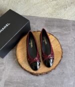 Channel Crocodile Embossed Patent Ballet Flats "Burgundy & Black cap toe"