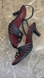 Chanel Black Leather strappy sandals with a gold CC logo & wine-red insole - Image 2