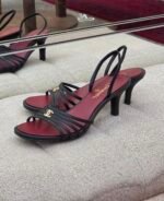 Chanel Black Leather strappy sandals with a gold CC logo & wine-red insole - Image 3