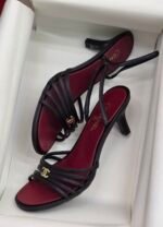 Chanel Black Leather strappy sandals with a gold CC logo & wine-red insole - Image 4