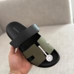 Hermès Chypre sandals in two tone olive-green & black palissandre calfskin design "FOR MEN"