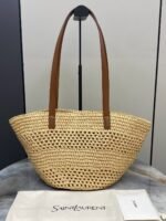 YSL "Saint Laurent Panier Small Bag in raffia with brown leather handle & a tonal Cassandre logo" - Image 2