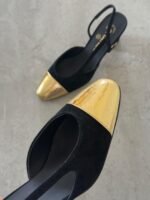 Chanel Black CC Metal Cap Toe Slingback Heels - Image 3