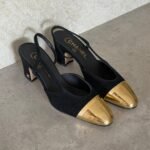 Chanel Black CC Metal Cap Toe Slingback