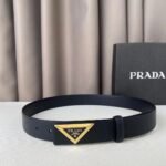 Prada Black Saffiano Leather Triangle Gold-Tone Buckle Belt