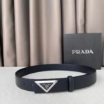 Prada Black Saffiano Leather Triangle Silver-Tone Buckle Belt