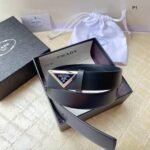Prada Black Saffiano Leather Triangle Silver-Tone Buckle Belt - Image 2