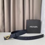 Prada Black Saffiano Leather Triangle Gold-Tone Buckle Belt - Image 3