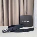 Prada Black Saffiano Leather Triangle Silver-Tone Buckle Belt - Image 3