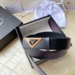 Prada Black Saffiano Leather Triangle Gold-Tone Buckle Belt - Image 2