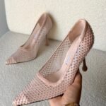 Jimmy Choo Lxia 95 pumps in a blush pink mesh with crystal embellishments & a sculpted heel