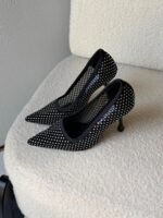 Jimmy Choo Lxia 95 pumps in a black mesh with crystal embellishments & a sculpted heel - Image 3