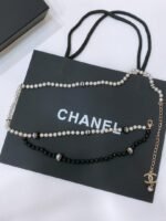 Chanel pearl & black bead belt dangling CC logo charm