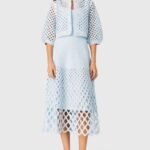 Maje rhinestone-embellished Sky-Blue crochet cardigan & geometric diamond openwork pattern