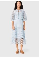 Maje rhinestone-embellished Sky-Blue crochet cardigan & geometric diamond openwork pattern