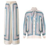 Zimmermann Relaxed Scarf Shirt is made of beige & blue striped silk
