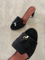 LORO PIANA Summer Charms Heeled Sandals in Black suede - Image 4