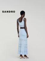 SANDRO Summer Collection Pointtele knit maxi skirt in light blue - Image 3