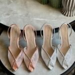 Andrea Wazen Katy slingback pumps delicate lace detailing & crystal embellishments