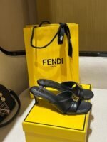 Fendi "Fold" Black leather kitten-heels sandals with gold-tone FF metal accent on the band - Image 4