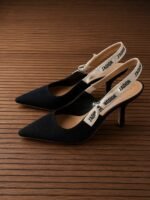 Dior J'dior slingback heels black technical fabric embroidered ribbon and bow detail - Image 2