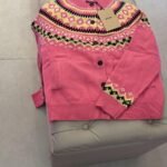 Miu Miu pink wool jacquard cardigan vibrant yellow & black fair isle pattern along the neckline & cuffs