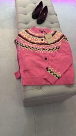Miu Miu pink wool jacquard cardigan vibrant yellow & black fair isle pattern along the neckline & cuffs