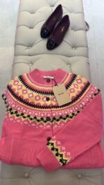 Miu Miu pink wool jacquard cardigan vibrant yellow & black fair isle pattern along the neckline & cuffs - Image 4