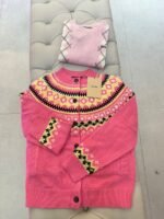 Miu Miu pink wool jacquard cardigan vibrant yellow & black fair isle pattern along the neckline & cuffs - Image 3