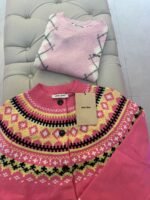 Miu Miu pink wool jacquard cardigan vibrant yellow & black fair isle pattern along the neckline & cuffs - Image 2