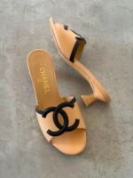 Chanel 2026 Lambskin Heeled Mules in Beige color & Black color CC logo on the strap - Image 4
