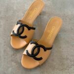 Chanel 2026 Lambskin Heeled Mules in Beige color & Black color CC logo on the strap