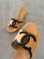 Chanel 2026 Lambskin Heeled Mules in Beige color & Black color CC logo on the strap - Image 3