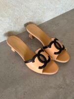 Chanel 2026 Lambskin Heeled Mules in Beige color & Black color CC logo on the strap - Image 2