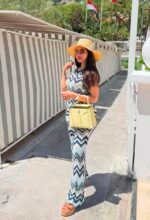 Maje crochet-knit set a navy-beige & light blue zigzag pattern - Image 3