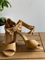 Beige Lambskin Chanel Block-heel sandals Decorative bow accented with Crystal CC logo