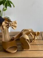 Beige Lambskin Chanel Block-heel sandals Decorative bow accented with Crystal CC logo - Image 2