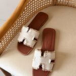 Hermès Fringed Linen Canvas Oran Flats