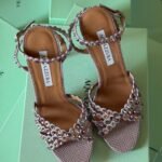 Aquazzura Tequilla 105 sandals in purple snake printed metallic leather & vibrant multi colored crystal embellishments