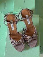 Aquazzura Tequilla 105 sandals in purple snake printed metallic leather & vibrant multi colored crystal embellishments