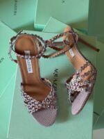 Aquazzura Tequilla 105 sandals in purple snake printed metallic leather & vibrant multi colored crystal embellishments - Image 2