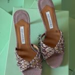 Aquazzura Tequilla 105 Mules in purple snake printed metallic leather & vibrant multi colored crystal embellishments