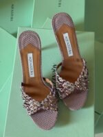Aquazzura Tequilla 105 Mules in purple snake printed metallic leather & vibrant multi colored crystal embellishments